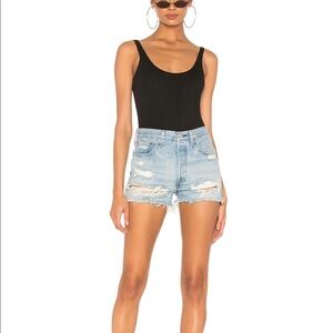 Levi’s 501 High Rise Raw Hem Distressed Button Fly Jean Shorts